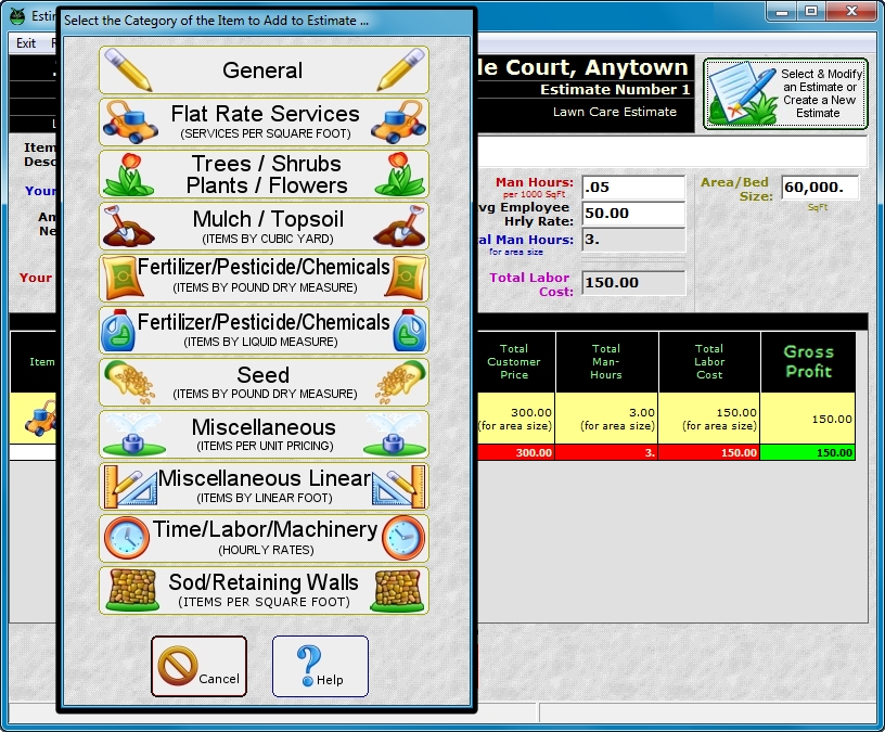 GroundsKeeper Pro create many categories of service line items